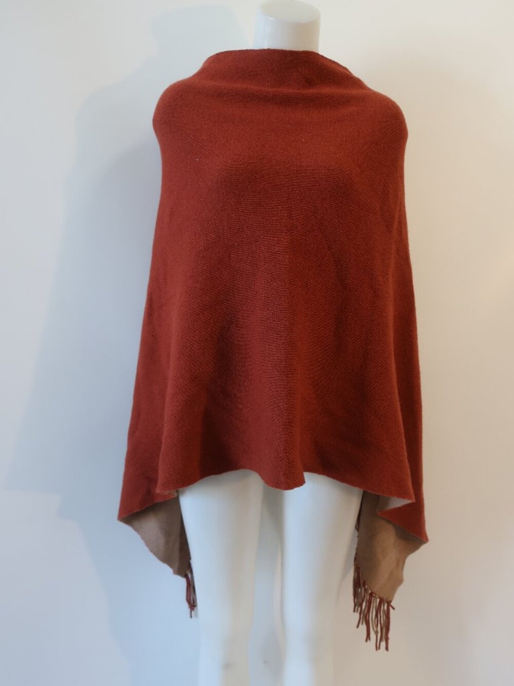 NWT Womens Alashan Merino Double Face Reversible Rust, Beige Poncho Sweater O/S